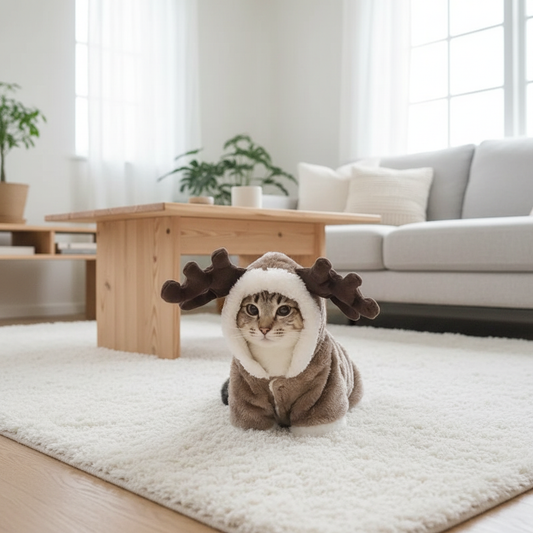 Brown tabby cat in reindeer costume