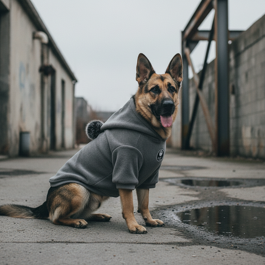 German Shepherd in grey fleece sweater