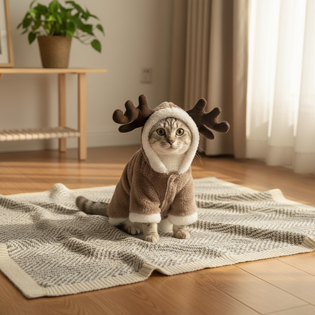 Gray striped cat in reindeer costume
