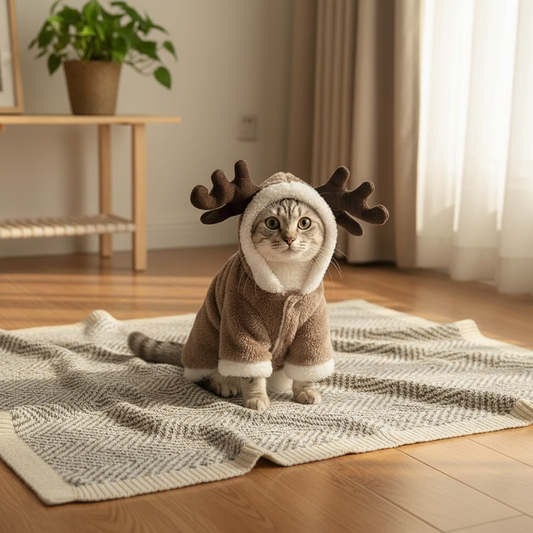 Gray striped cat in reindeer costume