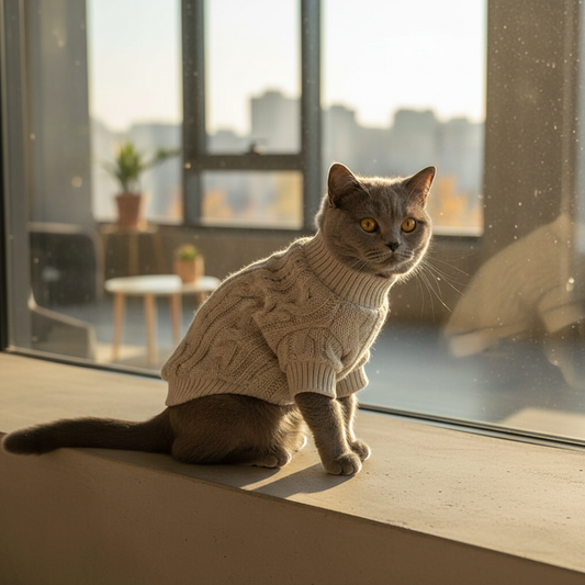 Grey British Shorthair in sweater on windowsill