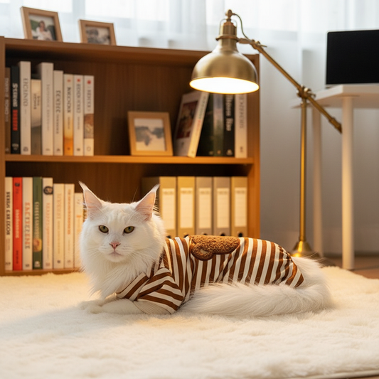 Maine Coon cat in sweater on rug in home office