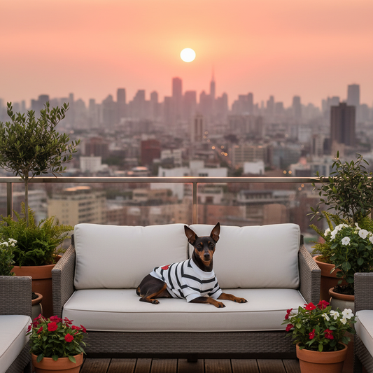 Miniature Pinscher in striped t-shirt