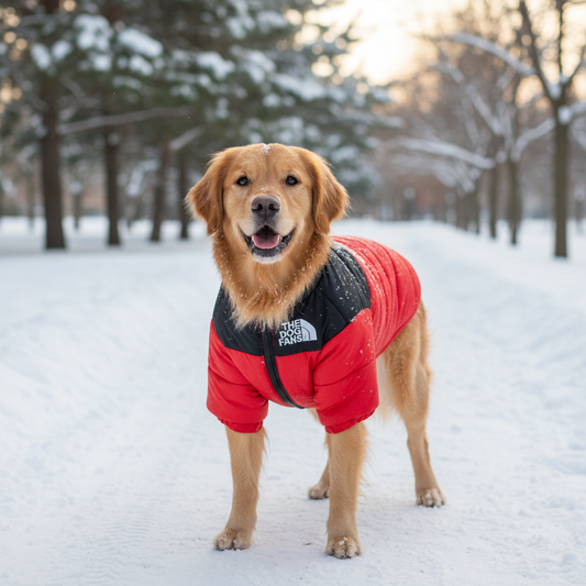 Premium Winter Puffer Jacket for Dogs worn by happy dog