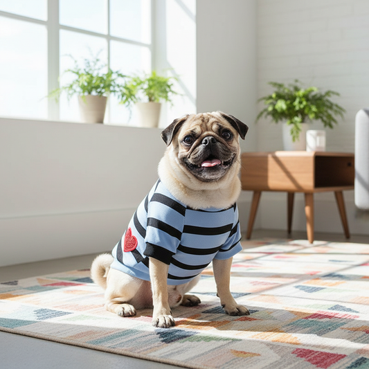 Pug in striped t-shirt