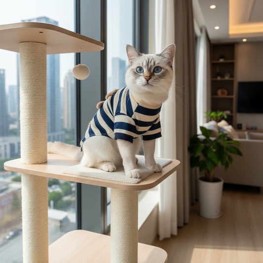 Siamese cat in sweater on cat tree