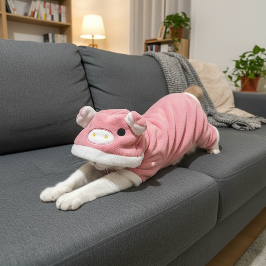 Tuxedo cat stretching on sofa